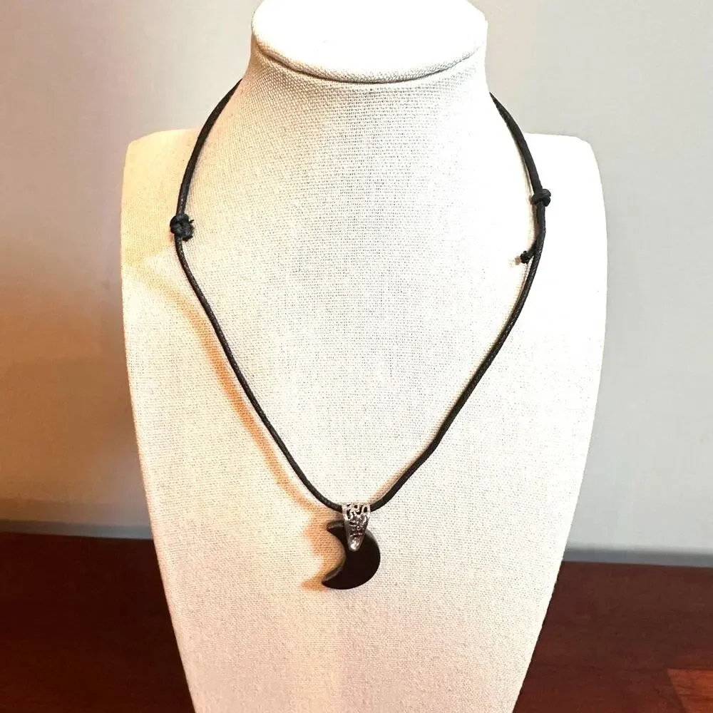 Crescent Moon Necklace Gray Black Cord Boho Casual Jewelry Adjustable